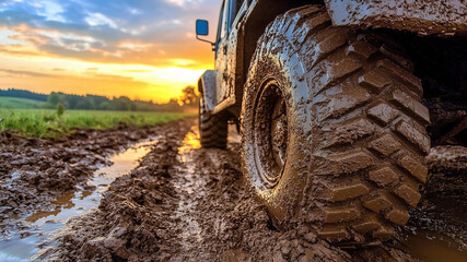 Off-Road Tires on a Nature Trail at Sunset, A Close-Up of the Adventure