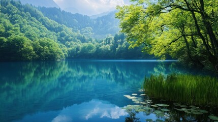 Fototapeta premium Tranquil blue lake surrounded by green trees and water lilies with reflections of sky and forest.