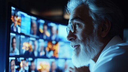 A senior professional with gray hair and glasses intently examines several illuminated screens displaying diverse data and images in a dimly lit control room during the evening
