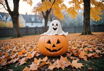 Whimsical Halloween Scene with Smiling Jack-o’-Lantern, Playful Ghost, and Autumn Leaves at Twilight