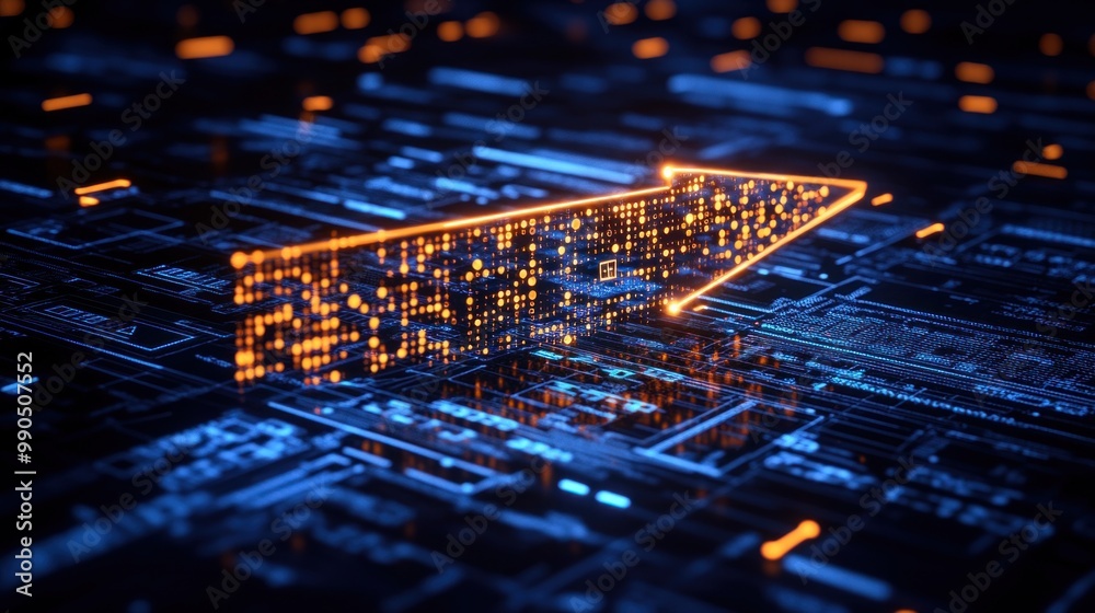 Leinwandbilder A blue glowing arrow emerges from a sea of binary code, representing digital progress and technology's impact in today's fast-paced world, emphasizing innovation and advancement
