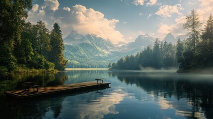 Tranquil lake with wooden dock and mountain reflection.