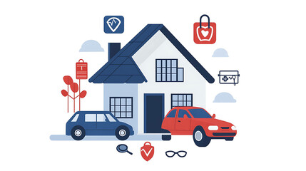 Obraz premium A house with two cars in front and icons representing insurance.