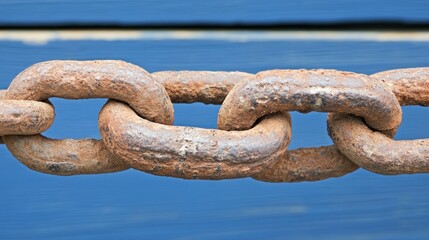 The composition features a close-up of rusty metal chain links against a blue wooden surface, highlighting the wear and age with intricate details and textures