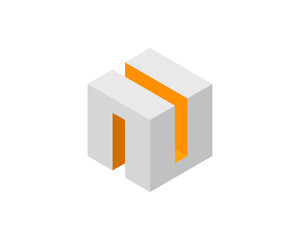 Cube logo, geometric vector design. Box logotype company, trendy tech emblem in pixel style.