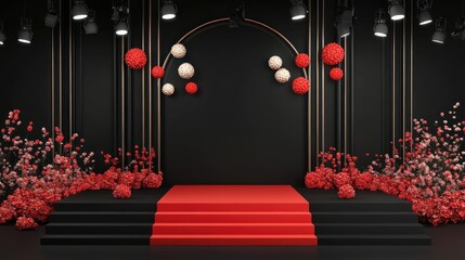Beautifully styled stage featuring red and beige floral arrangements and spotlights, creating an elegant atmosphere for a formal event or presentation