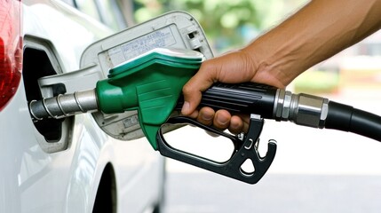 A person holds a green fuel nozzle while refueling a car at a gas station, emphasizing the process of filling up the tank on a sunny day in a tidy environment