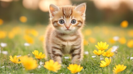 A playful striped kitten wanders through a vibrant field filled with cheerful yellow flowers, enjoying a sunny spring day surrounded by nature