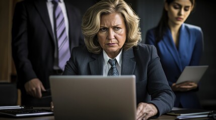 A serious woman in a suit intently analyzes information on her laptop in a modern office setting. Two colleagues stand behind her, observing her work during a collaborative session
