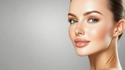 Fototapeta premium A woman stands confidently with a soft smile, her flawless skin illuminated by studio lighting