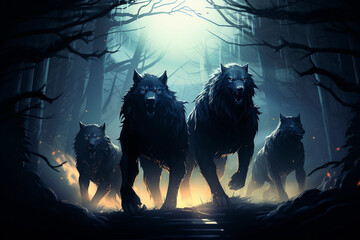 Haunting scene of spectral wolves roaming through a mysterious. Generative AI