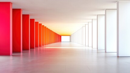 A bright corridor features a series of striking red and white columns, creating a vivid contrast. Soft natural light enhances the space, leading towards a glowing white exit at the far end