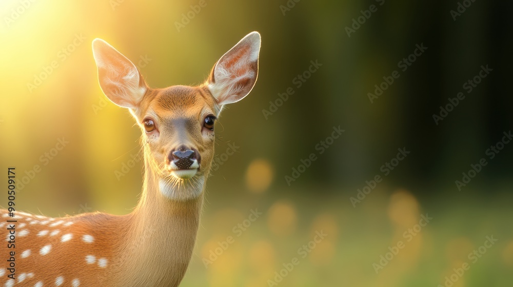 Sticker A close up of a deer with big brown eyes in the sun, AI