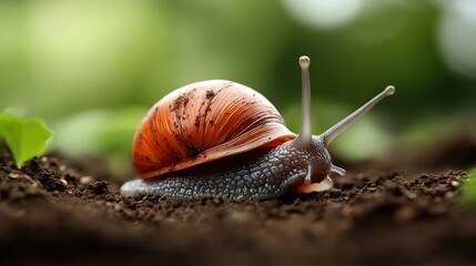 A snail glides slowly across the damp earth, leaving a glistening trail behind. Sunlight filters through nearby leaves, illuminating the snail's rich colors and textures