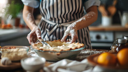 woman in the kitchen filling pie background. Generative AI.