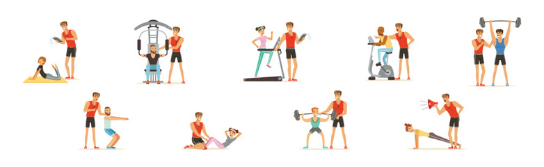 Personal Gym Coach and Trainer Man Character Vector Set