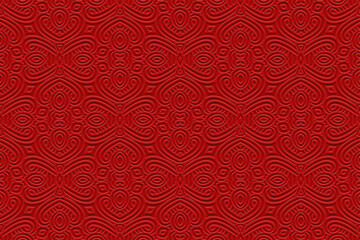 Red ethnic background, tribal cover design, banner. Geometric textured original 3D pattern, embossing. Ornaments, arabesques, mandala of the East, Asia, India, Mexico, Aztec, Peru in handmade style.