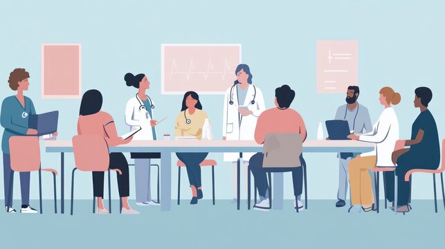 A group of healthcare professionals discussing in a meeting setting.