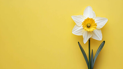 Obraz premium Single daffodil with white petals and yellow center against yellow background.