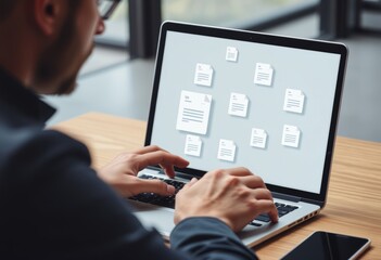 Businessman reviewing overdue invoices and payment reminders on