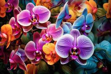 lush image of exotic orchids flourishing in a tropical rainforest, highlighting the unique shapes and vivid colors. Generative AI