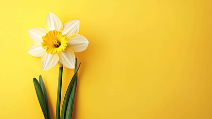 Obraz premium A single daffodil flower with white petals and a yellow center on a bright yellow background.