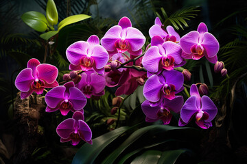 lush image of exotic orchids flourishing in a tropical rainforest, highlighting the unique shapes and vivid colors. Generative AI