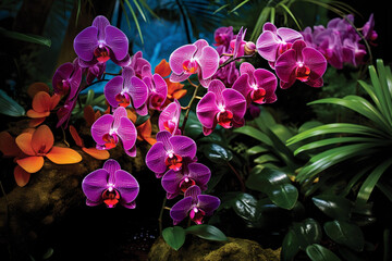 lush image of exotic orchids flourishing in a tropical rainforest, highlighting the unique shapes and vivid colors. Generative AI