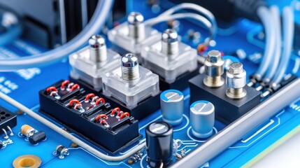 The circuit board displays various electronic components including buttons, resistors, and capacitors, illustrating the intricate assembly work in a technical environment