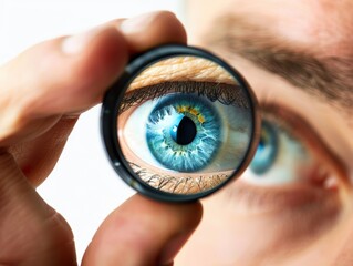 A close-up view of a blue eye magnified through a lens, showcasing intricate details within the iris and pupil.