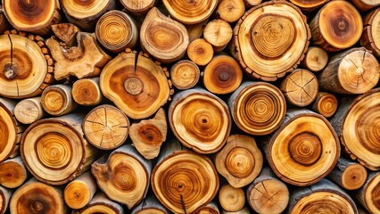Pile of tree trunks and branches arranged together abstract background.