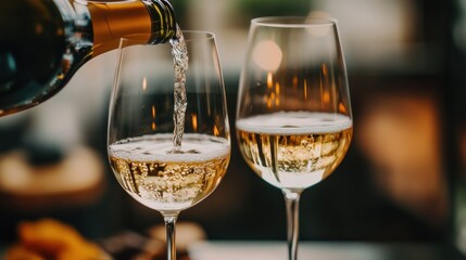 Obraz premium A close-up shot of a bottle pouring white wine into a glass.