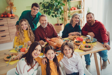 Photo of charming happy family enjoy celebrating thanksgiving day event indoors room home