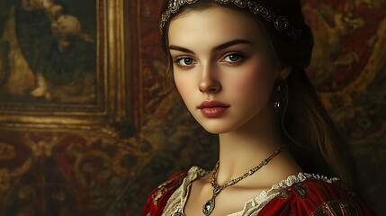 A beautiful woman in a red dress with a crown and jewelry, looking at the camera.