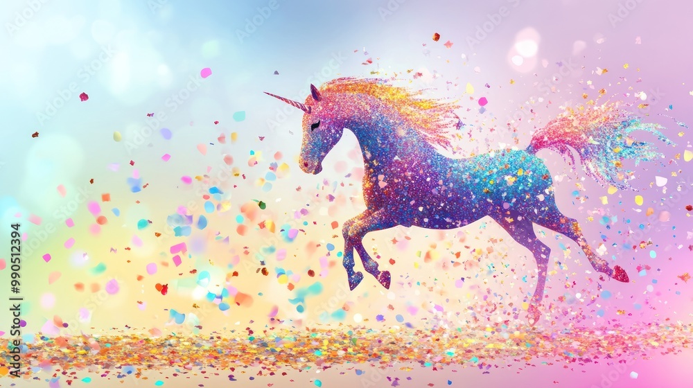 Sticker a magical unicorn runs through a field of colorful confetti.