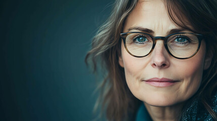 Obraz premium A woman in glasses looks thoughtfully at the camera.