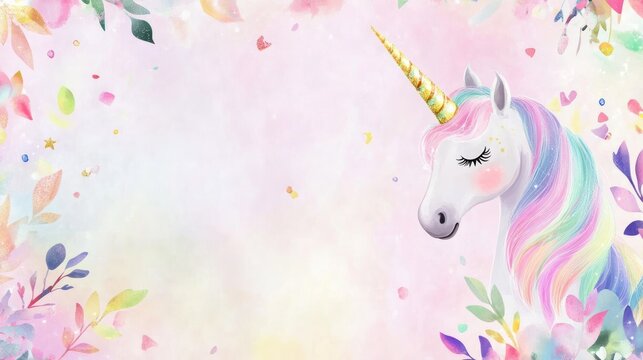 Watercolor unicorn head with floral frame.
