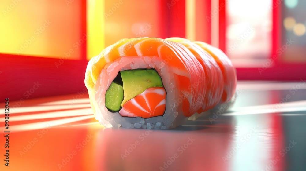 Aufkleber close up of a single sushi roll on a glossy table.