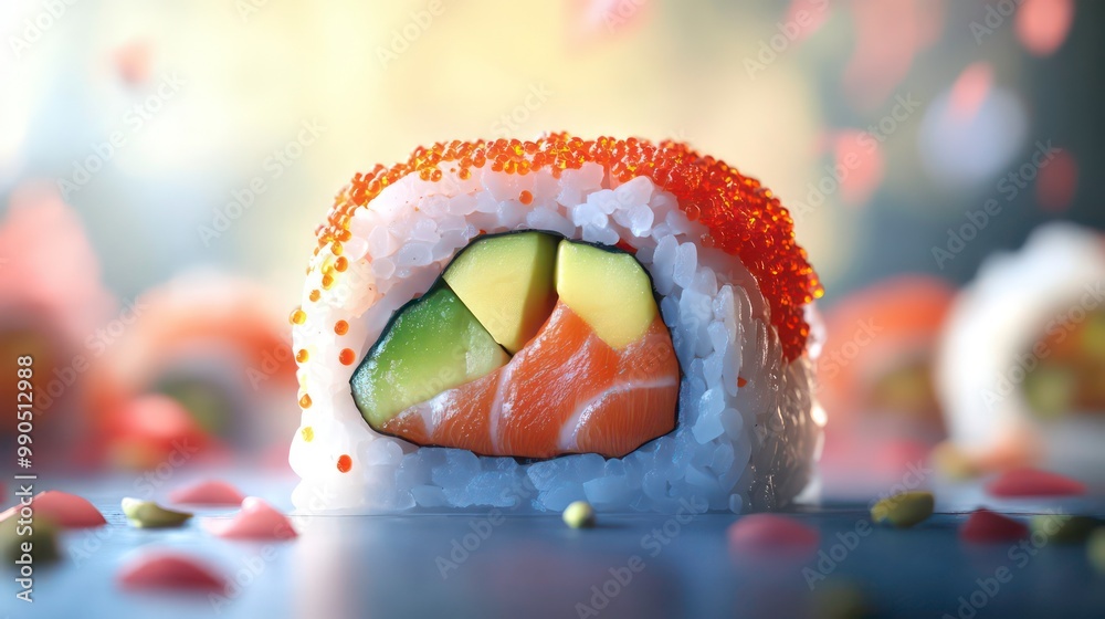 Poster close-up of a salmon and avocado sushi roll topped with tobiko, with a blurred background of other s