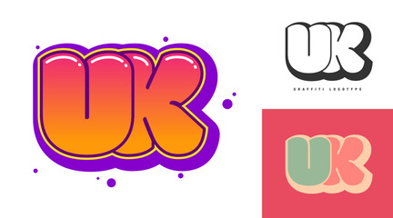 UK logo design for festival or party. Initial letter u and k in graffiti style. Creative modern lettering company name of font typography. Kids trendy logotype or identity.