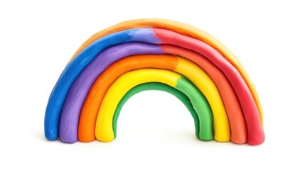 Rainbow made of playdough on a white background.