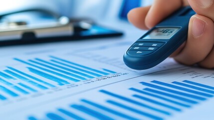 A hand holding a glucose meter over a report with bar graphs, indicating health monitoring.