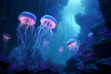  mesmerizing scene of a glowing jellyfish ballet taking place in the depths of an underwater cave. Generative AI