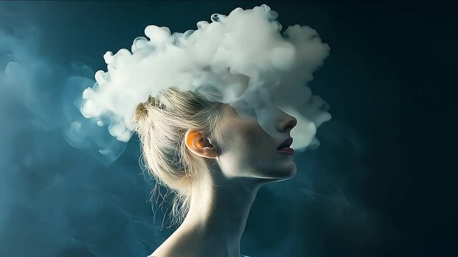Young woman with her head in cloud. Depression, loneliness and mental health concept. Psychology theme, dreaming, having racing thoughts in mind. Concept of memory loss, dementia