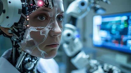 Fototapeta premium The Art of Creation: Close-Up of Synthetic Skin Application on a Humanoid Robot in a High-Tech Laboratory