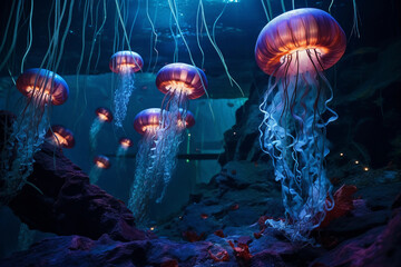  mesmerizing scene of a glowing jellyfish ballet taking place in the depths of an underwater cave. Generative AI