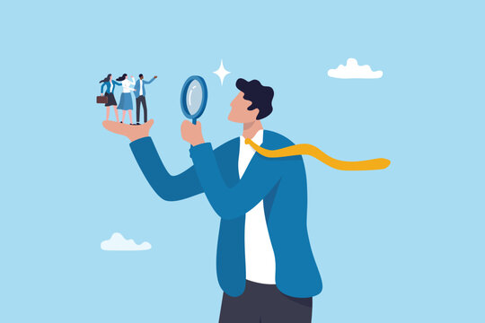 Analyze candidate, employee performance review, evaluation or analysis, choose recruitment applicants, staff or finding right person for job concept, businessman analyzing employee or job candidates.