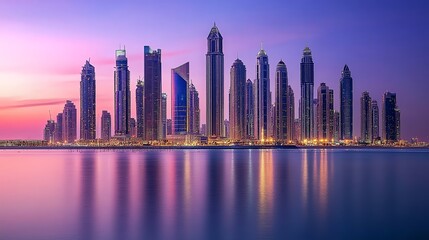 Obraz premium A panoramic view of the Dubai skyline at dusk.