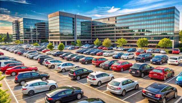A cars parked in an office building parking lot.