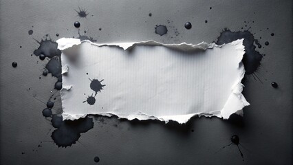 Black ink splash at white torn ripped paperdark grey background